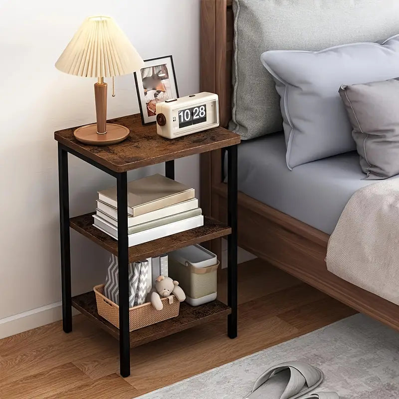Retro Wooden 3-Layer Bedside Storage Rack Table-3
