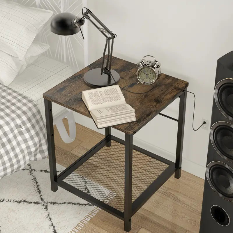 2-Tier End Table Nightstand with Storage Shelf - Rustic Brown+Black-1