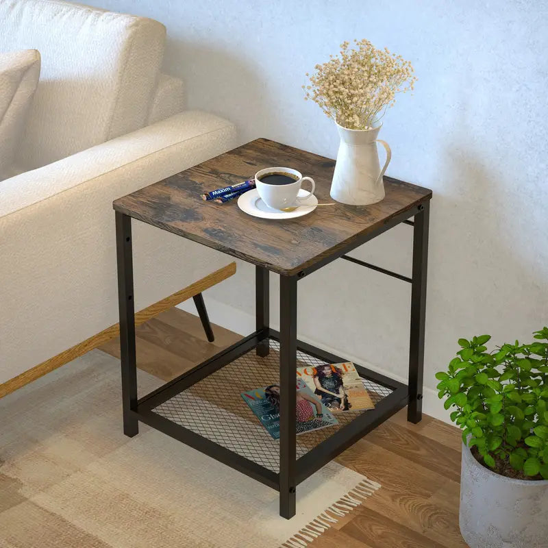 2-Tier End Table Nightstand with Storage Shelf - Rustic Brown+Black-2