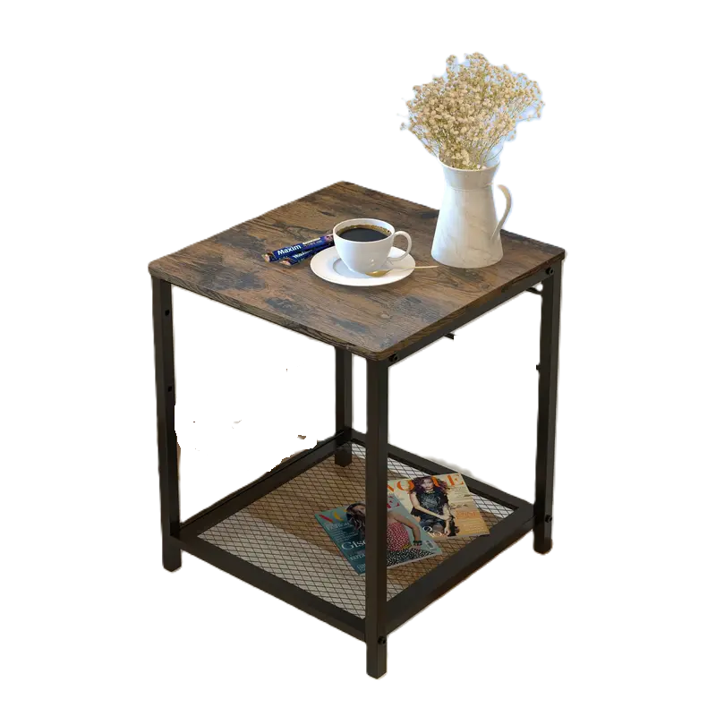 2-Tier End Table Nightstand with Storage Shelf - Rustic Brown+Black-0