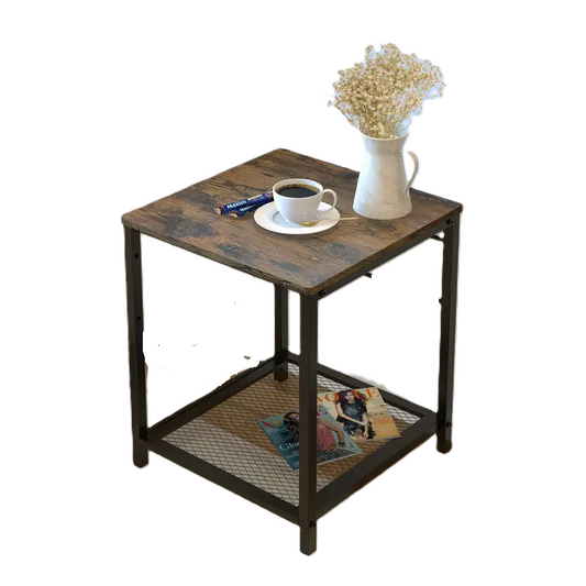 2-Tier End Table Nightstand with Storage Shelf - Rustic Brown+Black-0