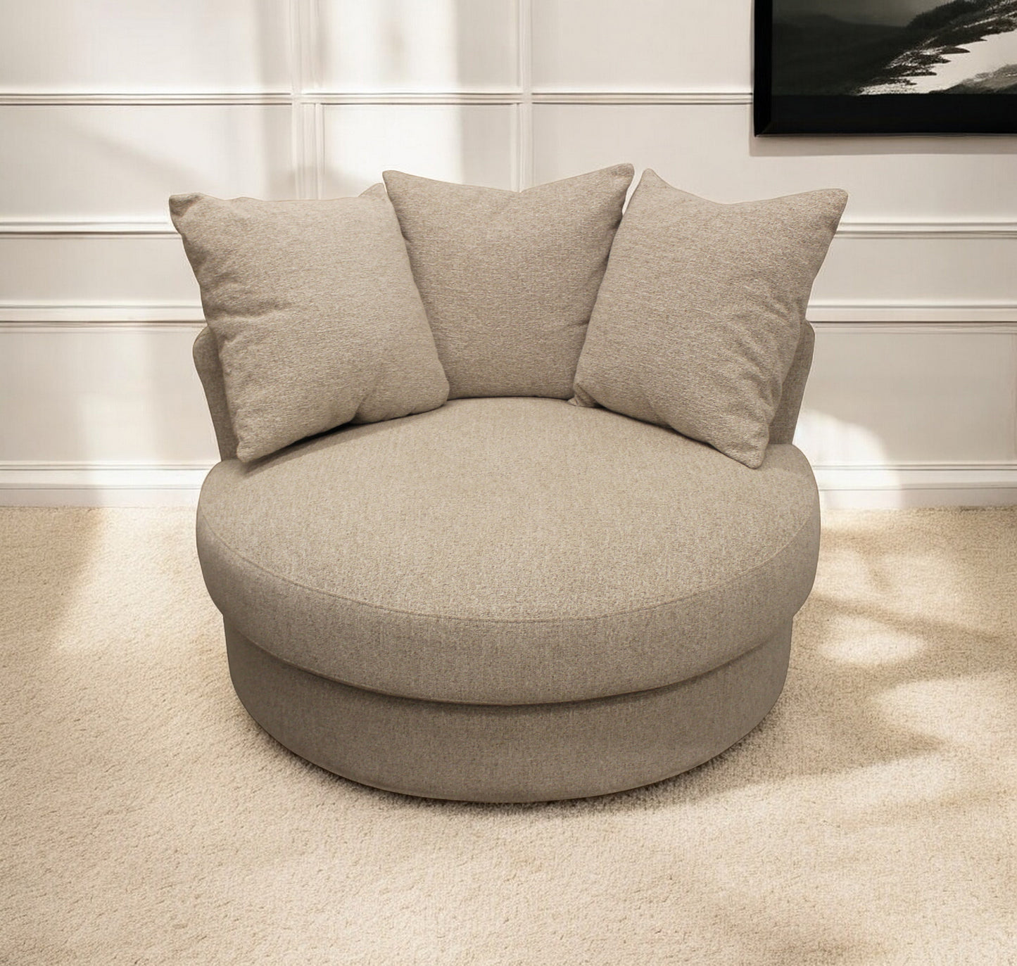 44" Sand Linen Upholstered Swivel Round Accent Chair And Toss Pillows-0
