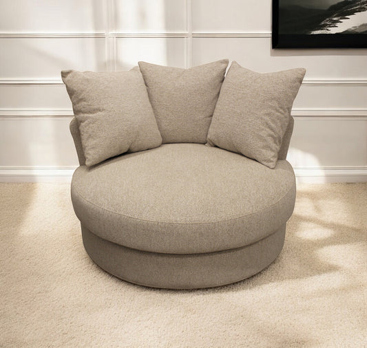 44" Sand Linen Upholstered Swivel Round Accent Chair And Toss Pillows-0