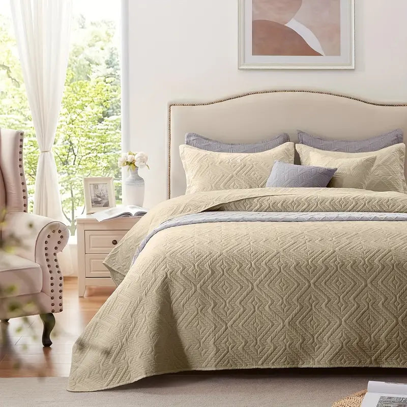 Beige Microfiber 3-Piece 150GSM Bedspread Set - Queen Size-2