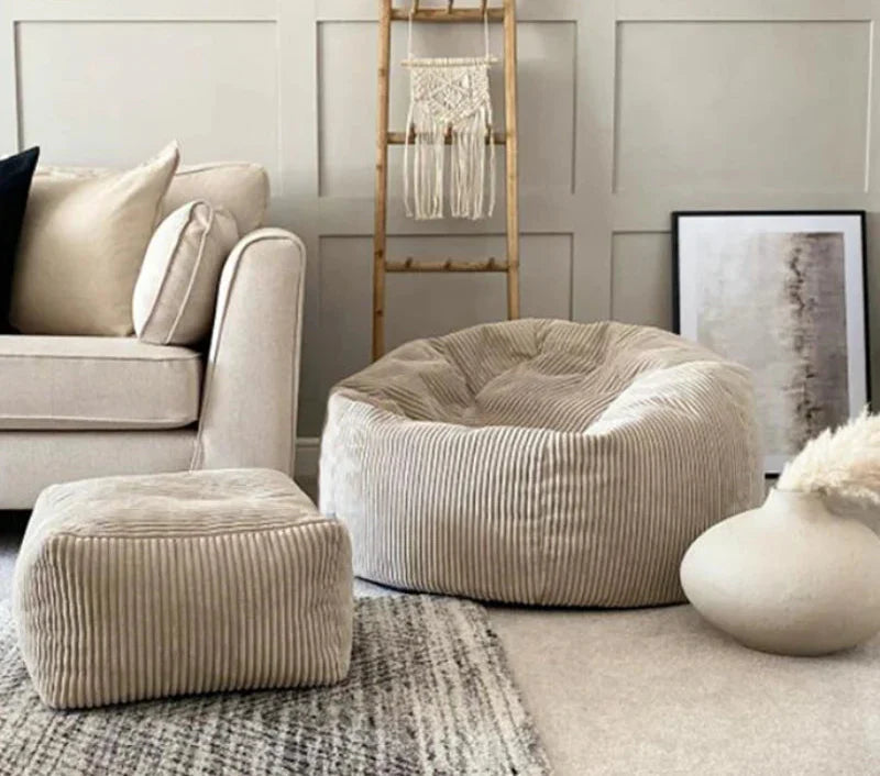 2-in-1 Bean Bag Chair & Footstool Cover Set Flannel Corduroy No Filler Beige-1