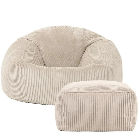 2-in-1 Bean Bag Chair & Footstool Cover Set Flannel Corduroy No Filler Beige-0