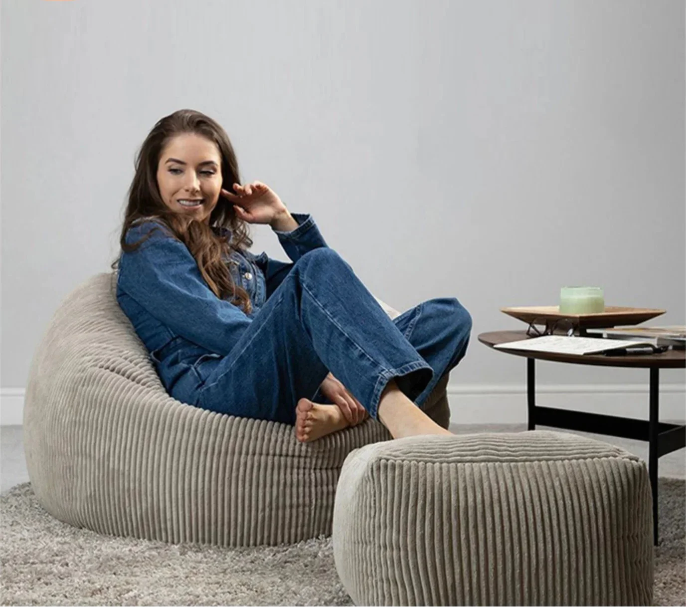 2-in-1 Bean Bag Chair & Footstool Cover Set Flannel Corduroy No Filler Beige-3