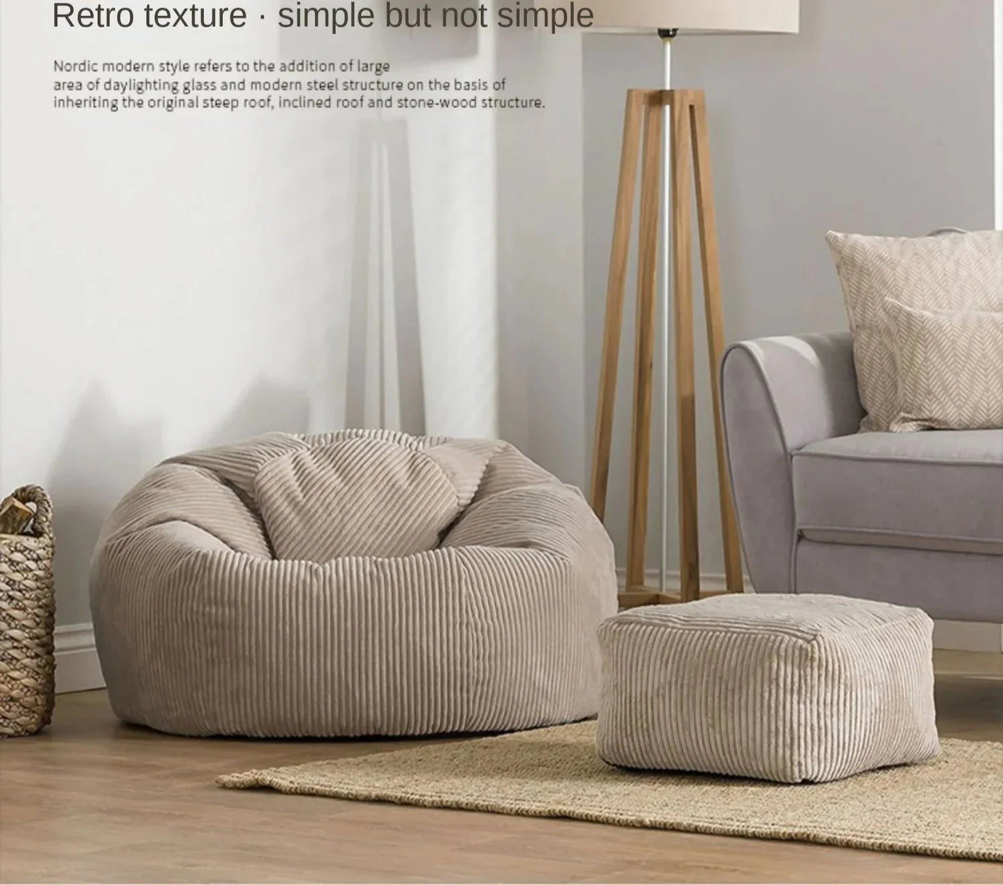 2-in-1 Bean Bag Chair & Footstool Cover Set Flannel Corduroy No Filler Beige-2
