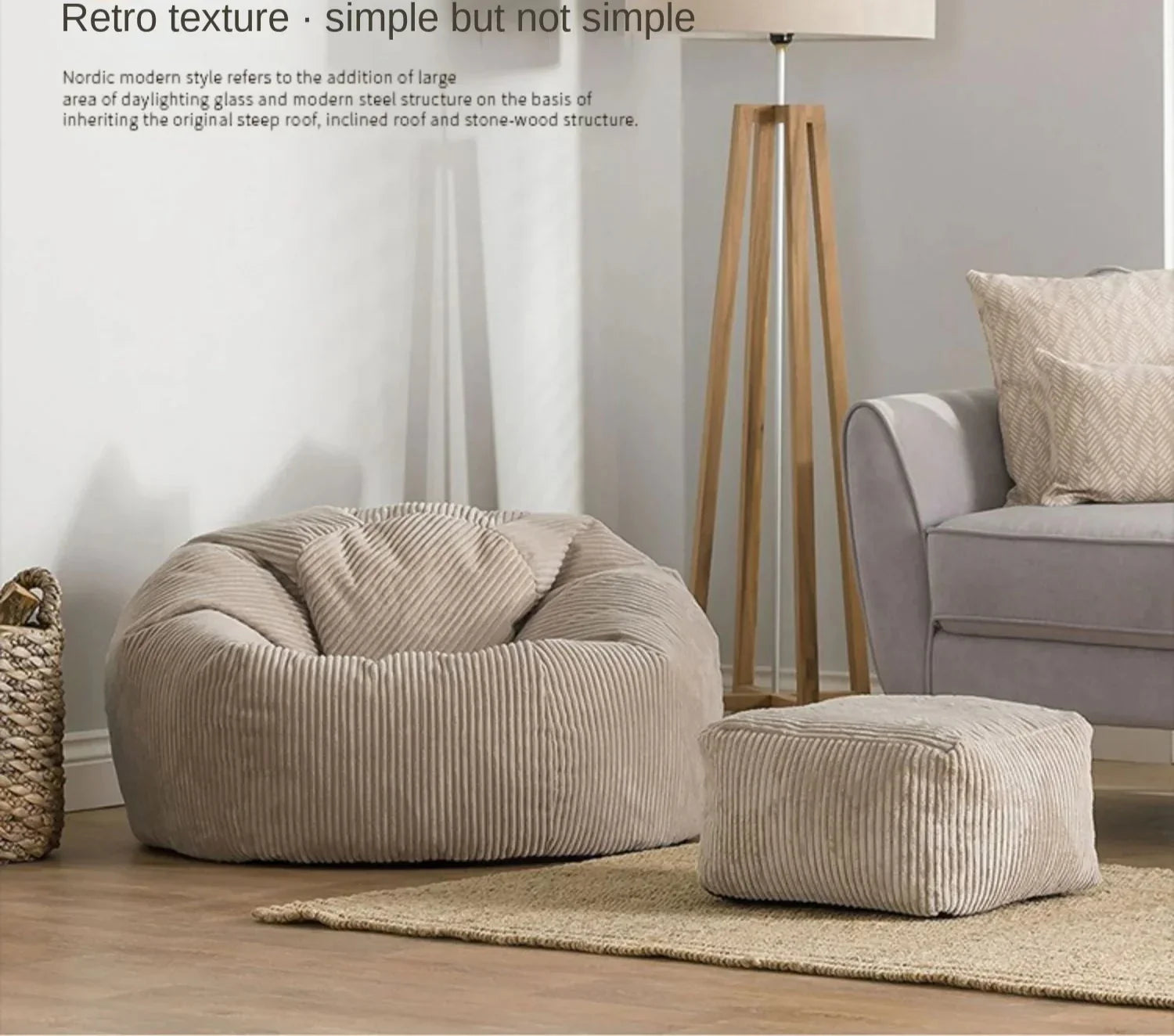 2-in-1 Bean Bag Chair & Footstool Cover Set Flannel Corduroy No Filler Beige-2