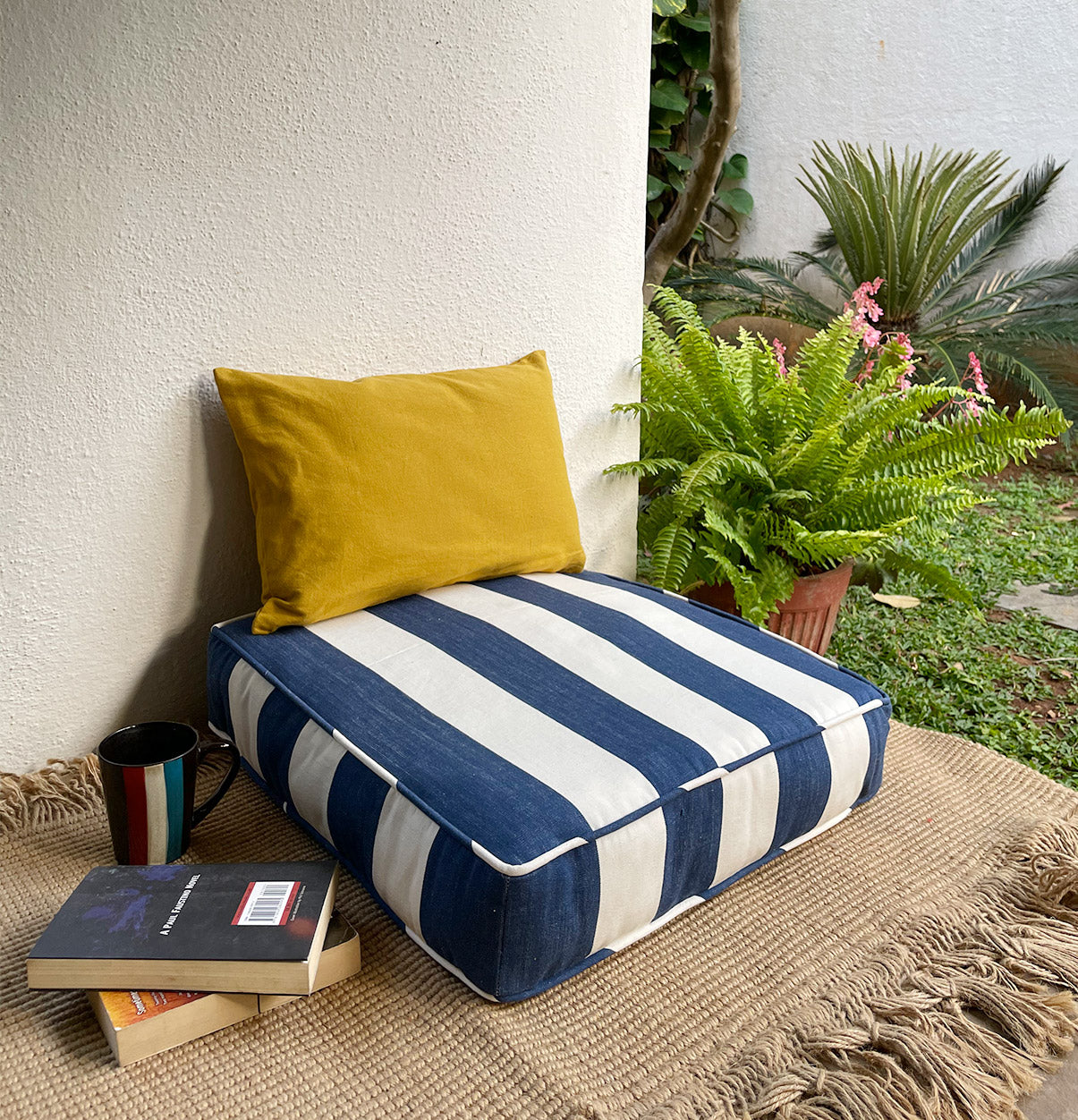 Large Square Floor Cushion | 100% Cotton | Thick & Comfortable | Blue & White Stripes | For Yoga & Meditation-2