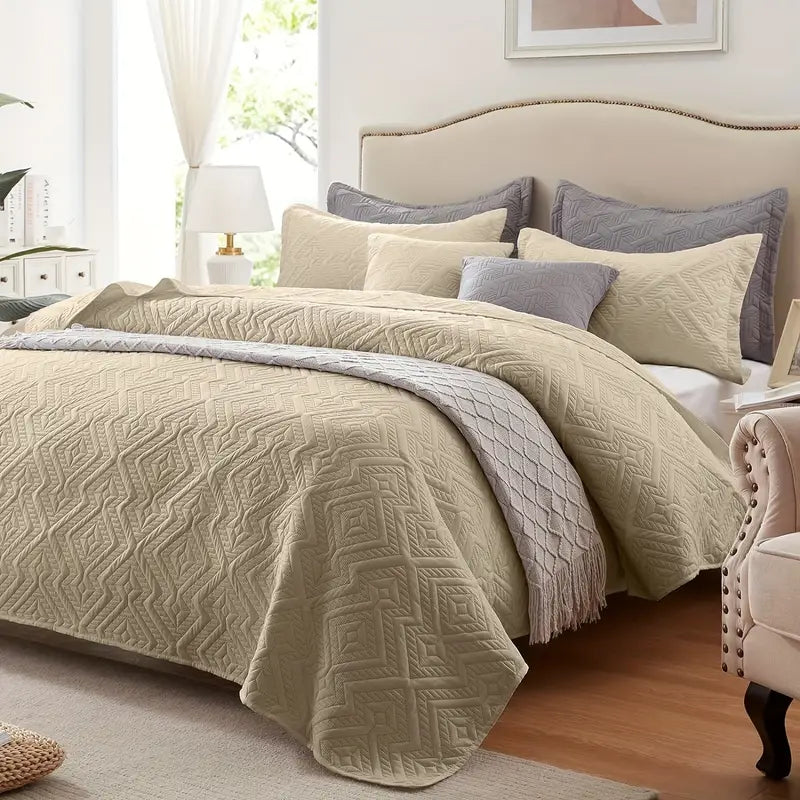 Beige Microfiber 3-Piece 150GSM Bedspread Set - Queen Size-1