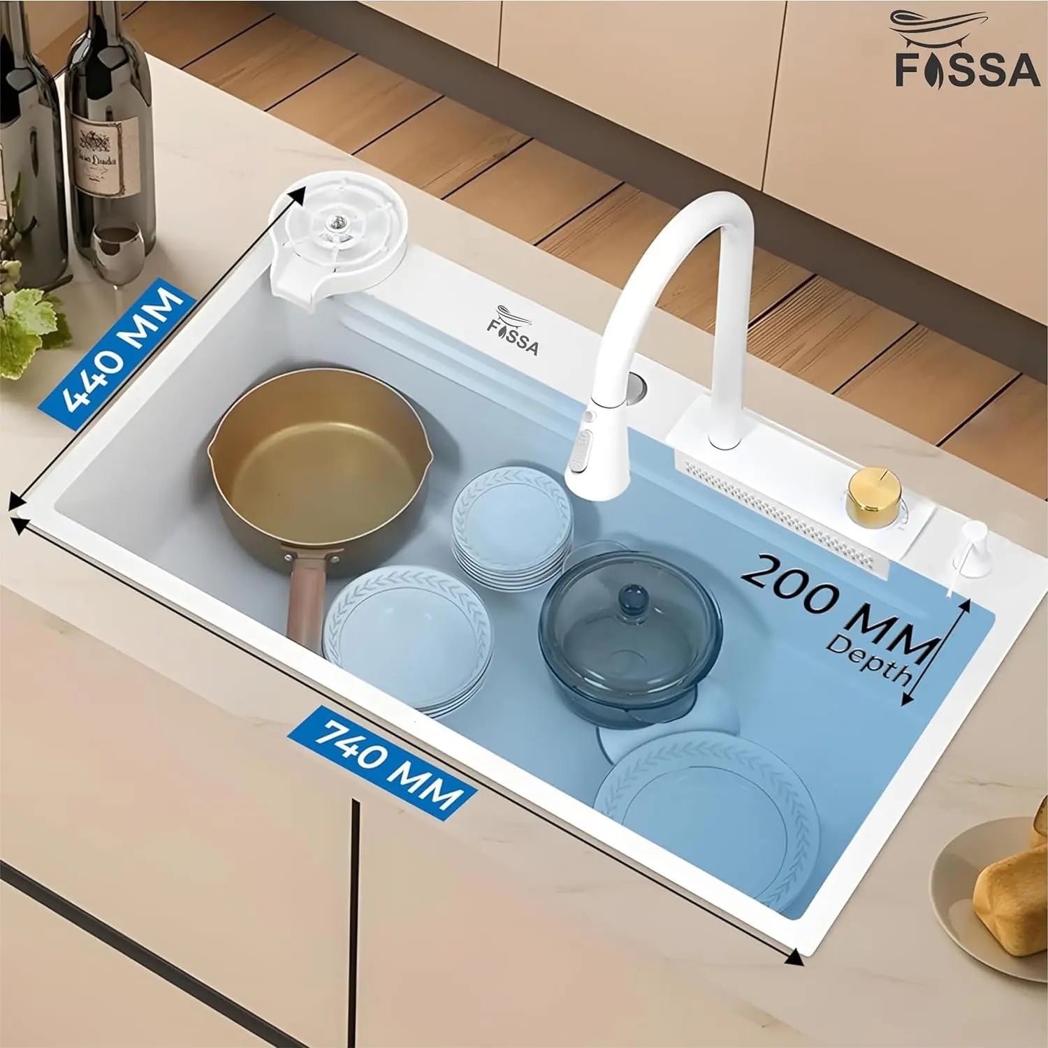 Fossa 30"x18"x10" inch Waterfall 304 Grade Kitchen Sink with Integrated Waterfall Mode and Pull down Faucet with Steel Tray, Fruit Basket, and Complete Accessories Set - (White)-1