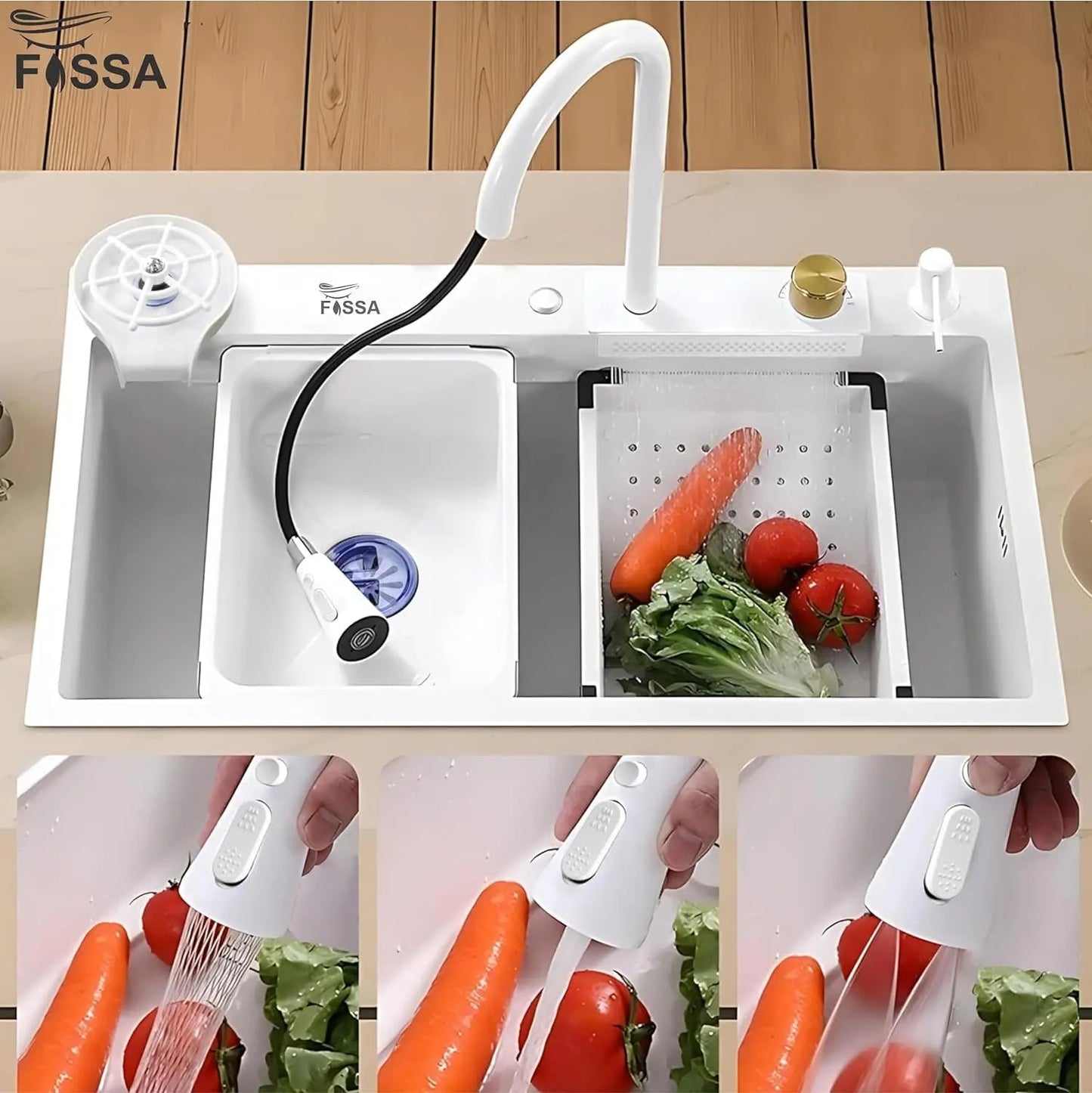 Fossa 30"x18"x10" inch Waterfall 304 Grade Kitchen Sink with Integrated Waterfall Mode and Pull down Faucet with Steel Tray, Fruit Basket, and Complete Accessories Set - (White)-2