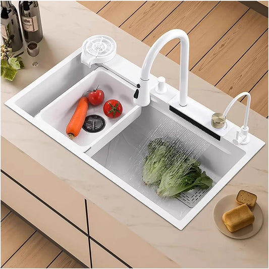 Fossa 30"x18"x10" inch Waterfall 304 Grade Kitchen Sink with Integrated Waterfall Mode and Pull down Faucet with Steel Tray, Fruit Basket, and Complete Accessories Set - (White)-0